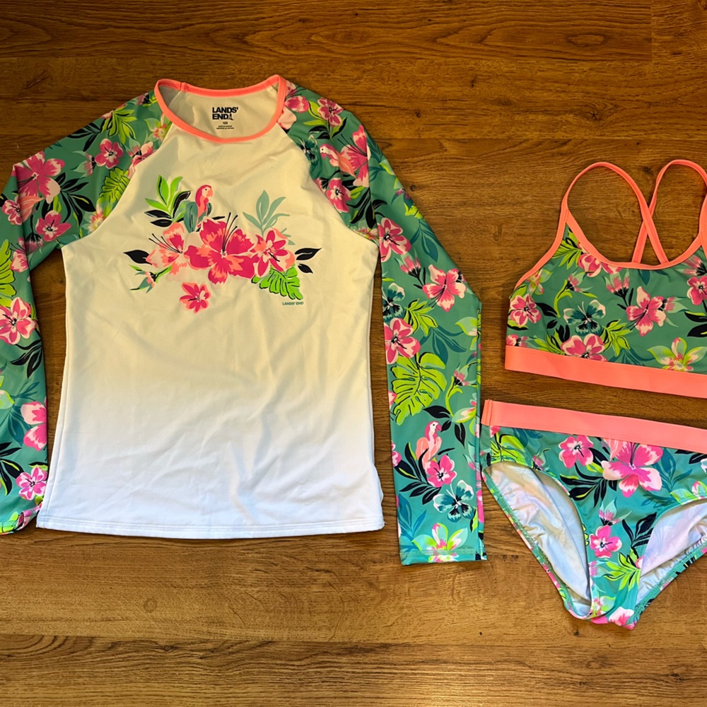 Lands' End Kids Tropical Floral Rashguard Set - White and Green